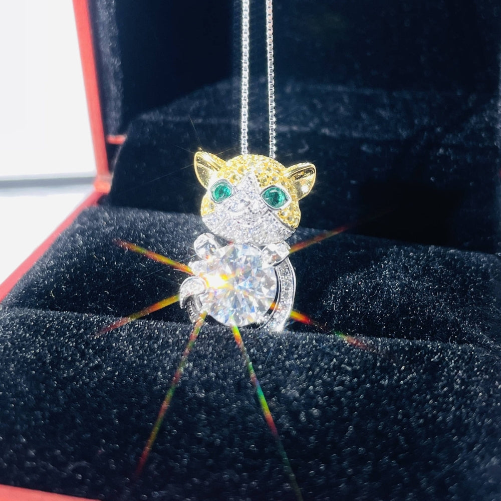 Pendentif Chat 2CT Moissanite Certifié GRA, Couleur D, Argent 925