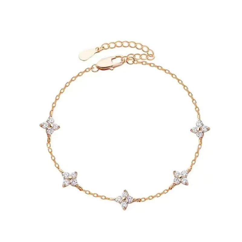 Bracelet Fleur à Quatre Feuilles en Zircon pour Femme Acier Inoxydable Doré