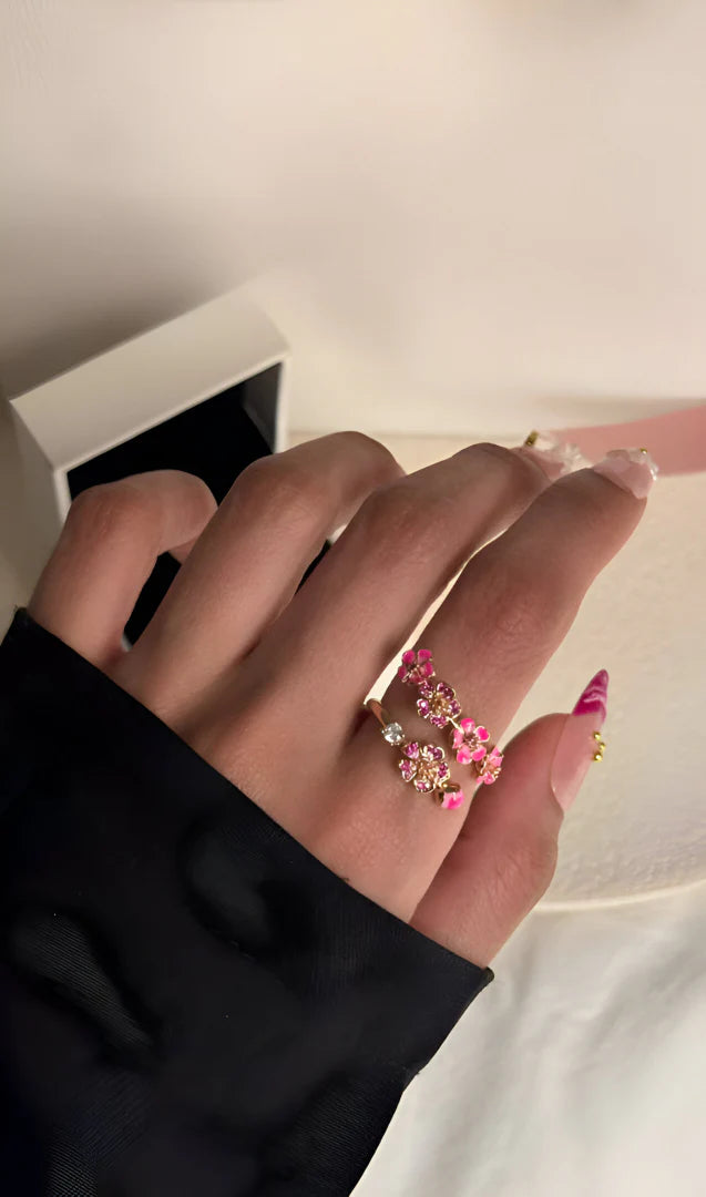 Bague Florale Délicate Avec Zircon Rose Et Blanc