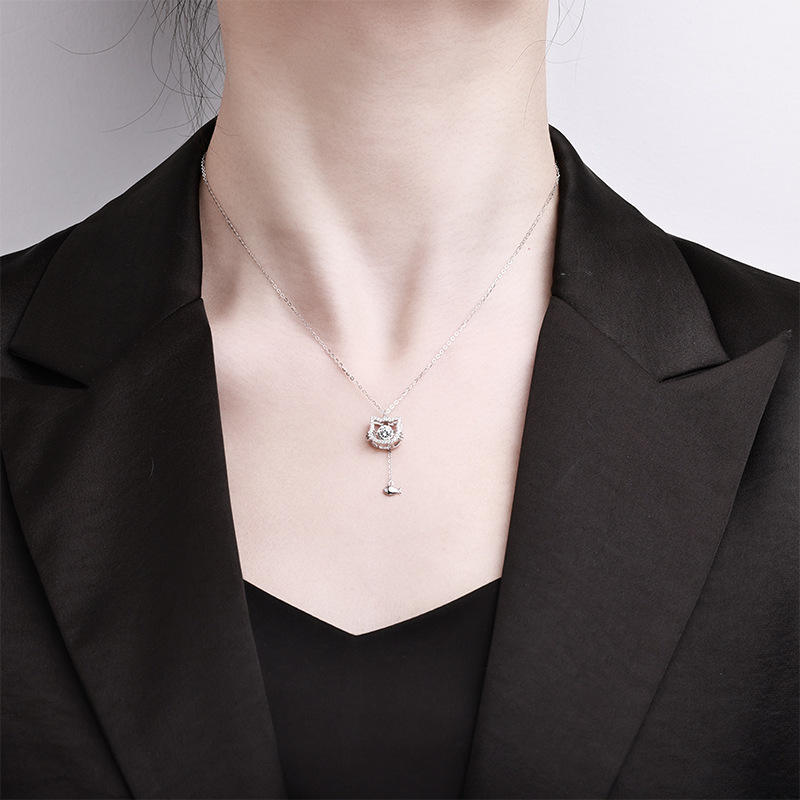Collier Pendentif Chat & Poisson en Argent 925 avec Moissanite
