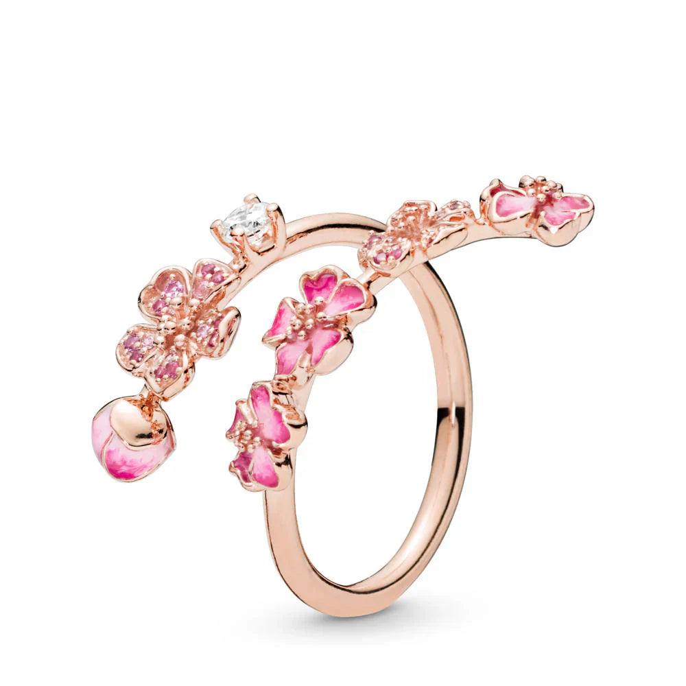 Bague Florale Délicate Avec Zircon Rose Et Blanc